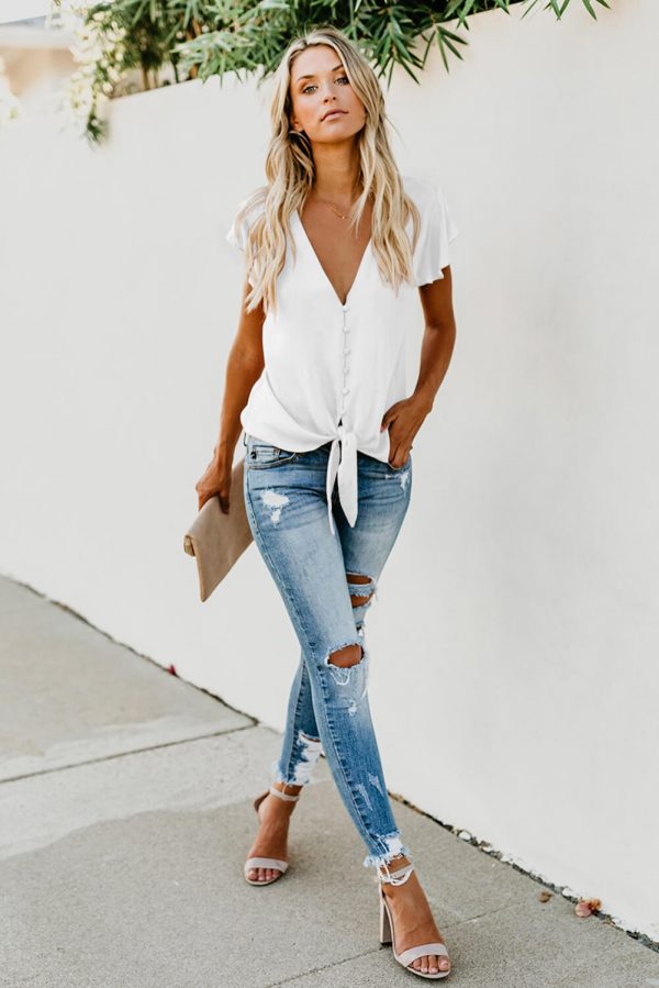 White Lucy Button Down Tie Top