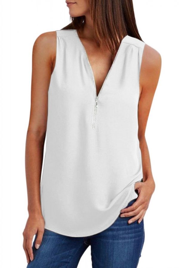 White Sarah Zip Neckline Sleeveless Shirt Tank Top