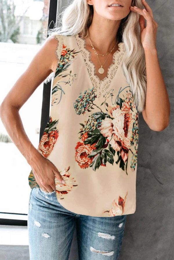 Apricot Floral Aria V Neck Lace Tank
