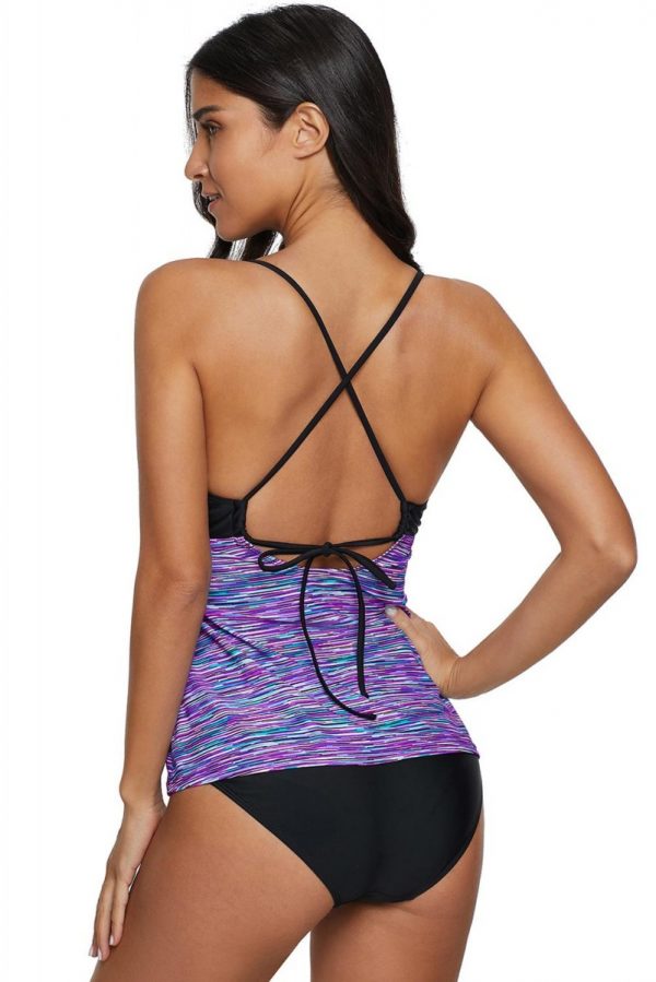 Blue Banded Printed Tankini Top with Triangle Briefs Swimsuit
