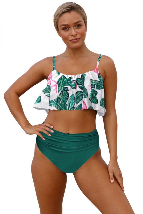 Green Ruffle Top High Waist Bottom Bikini Swimsuit