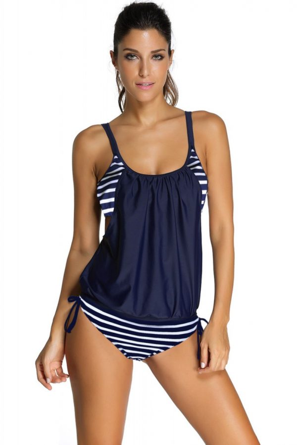 Navy Layered-Style Striped Tankini with Triangular Briefs