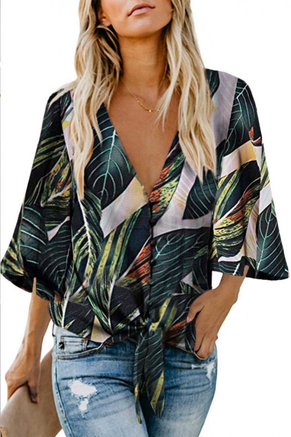 Tropical Leaves Jenny Button Me Up Big Sleeve Tie Top