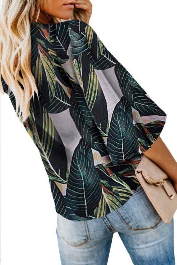 Tropical Leaves Jenny Button Me Up Big Sleeve Tie Top