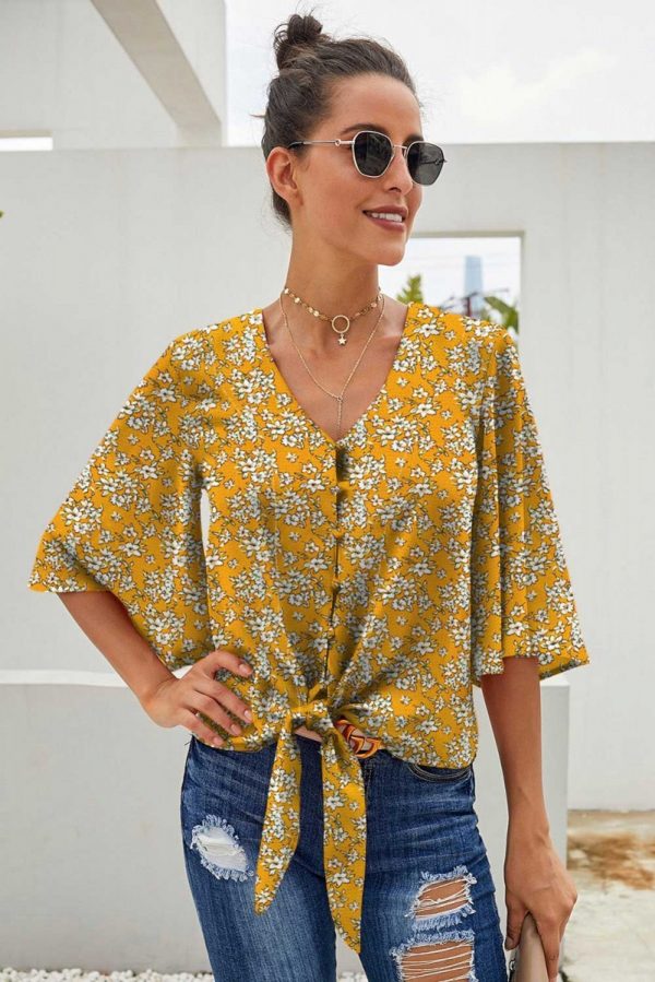 Yellow Floral Jenny Button Me Up Big Sleeve Tie Top