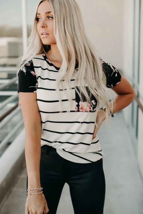 Black Striped T-shirt with Patch Pocket