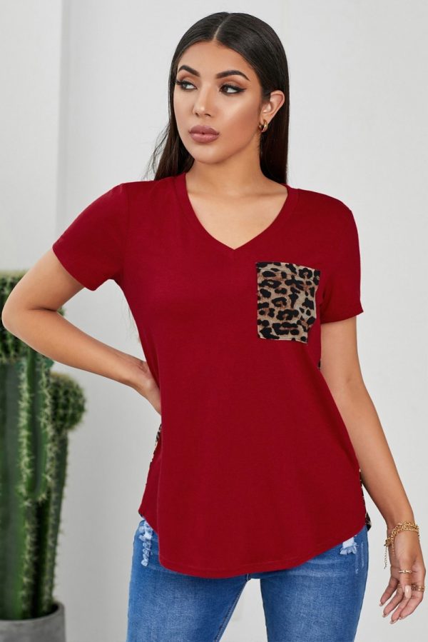 Red Leopard Pocket Printed T-Shirt